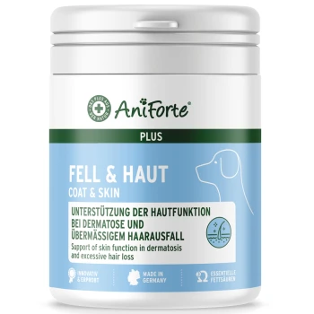 Behälter von AniForte Plus Coat & Skin Ergänzung für Haustiere, mit einem hellblauen Etikett mit Text in Deutsch und Englisch über Hautunterstützung.
