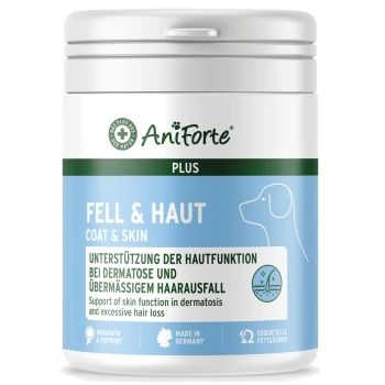 Behälter von AniForte Plus Coat & Skin Ergänzung für Haustiere, mit einem hellblauen Etikett mit Text in Deutsch und Englisch über Hautunterstützung.