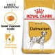 Royal Canin Adult Dalmatiner Hundefuttertüte, mit einer Dalmatiner-Illustration, mit Text, der die Ernährungsbedürfnisse der Rasse und die gesunde Harnwege hervorhebt.