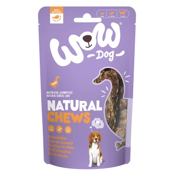 Lila Verpackung von Wow Dog Natural Chews Entenhälse für Hunde, natürliche Zahnpflege, ohne Zucker oder Salzzusatz.