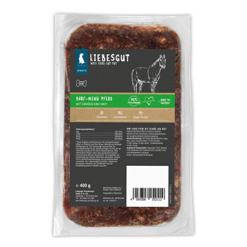 400 g LIEBESGUT BARF‑Menü 'Pferd' Rohfutter-Schale mit Pferdeillustration; Etikett zeigt '80% Fleischanteil', glutenfrei, getreidefrei