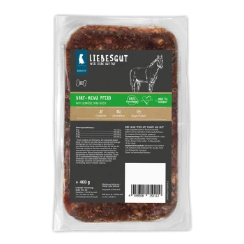 400 g LIEBESGUT BARF‑Menü 'Pferd' Rohfutter-Schale mit Pferdeillustration; Etikett zeigt '80% Fleischanteil', glutenfrei, getreidefrei
