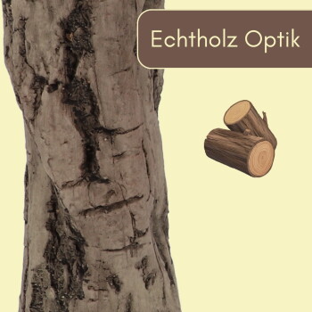 Echte Baumrindenoptik mit zwei kleinen Stamm-Icons auf beigem Hintergrund, Bannertext: 'Echtholz Optik'.