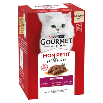 Red box of Purina Gourmet Mon Petit Intense cat food featuring fine cuts with beef, chicken, and lamb in a delicious sauce.
