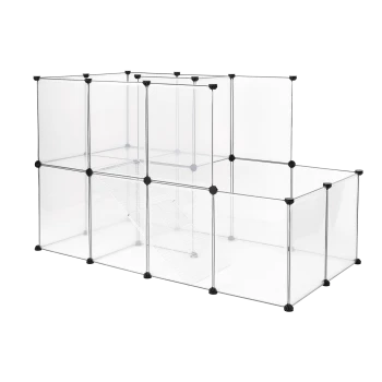 Durchsichtiger mehrstöckiger Haustierkäfig mit einer Treppe, ausgestattet mit transparenten Paneelen und schwarzen Verbindern. Ideal für kleine Tiere.