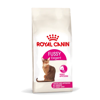 Royal Canin Fussy Exigent kattenvoerzak met afbeelding van een bruine kat, gelabeld als "Zeer smakelijk" en "Getest en goedgekeurd door eigenaren van kieskeurige katten."