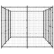 Ein großes, schwarzes Metallgehege für Haustiere mit einem Gitterdesign, das mehrere Paneele und eine Tür für einfachen Zugang bietet.
