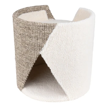 Gemütliches Haustierhöhlenbett mit einem geteilten Design, einem strukturierten beigen Äußeren und einem weichen weißen Fleece-Innen.