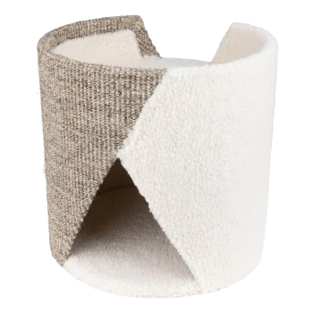 Gemütliches Haustierhöhlenbett mit einem geteilten Design, einem strukturierten beigen Äußeren und einem weichen weißen Fleece-Innen.