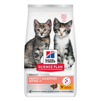 Opakowanie karmy Hill's Science Plan dla kociąt z wizerunkiem dwóch kociąt, etykieta 'Perfect Digestion Kitten <1' i napis 'Polecane przez weterynarzy'.
