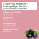 Produktetikett mit der Aufschrift "4 wertvolle Rohstoffe - 1 einzigartiges Produkt" mit Zutaten: Meeresfisch-Kollagen, Acai-Beeren, Topinambur, Taurin.