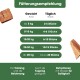 Ein klares Glas mit Hundeleckerlis, mit Stücken, die darum schwimmen, beschriftet mit "100% Pferd" und "Kau Das," zeigt 60% Protein und 33,3% Fett.