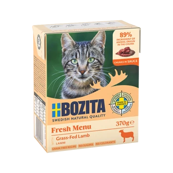 Bozita Fresh Menu Katzenfutter mit grasgefüttertem Lamm, 370g, 89% tierischen Ursprungs, getreidefrei, ohne Zucker oder Farbstoffe, hergestellt in Schweden.