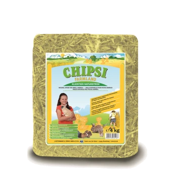 CHIПSI Farmland Naturstroh für Kleintiere, 4 kg Packung mit Mädchen, das ein Kaninchen hält, und Tierfotos.