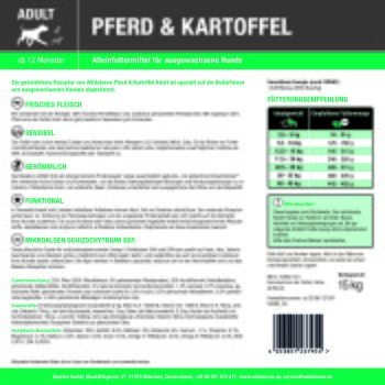 Hundefuttertüte mit Aufschrift 'ADULT' und 'PFERD & KARTOFFEL' (Pferd & Kartoffel), grün/schwarze Verpackung, 15 kg, Fütterungsanleitung sichtbar