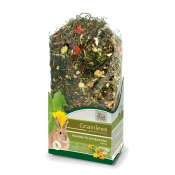 Eine Tüte JR FARM Getreidefreies Kräfternahrung für Zwergkaninchen, mit einer Mischung aus getrockneten Kräutern und Blumen, mit einem Kaninchenbild und Text auf Deutsch.