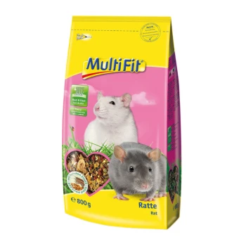 Bunte 800g MultiFit-Haustierfuttertüte für Ratten, mit einer weißen und grauen Ratte auf einem rosa Hintergrund, die Haut- und Fellgesundheit fördert.
