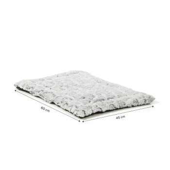 Graues Haustierbett mit den Maßen 60 cm mal 45 cm, das eine weiche, plüschige Textur und ein gestepptes Design aufweist.