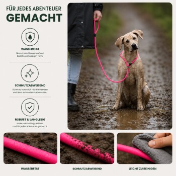 Pink verstellbare Hundeleine mit Metallring und schwarzen Verbindern, aufgerollt vor weißem Hintergrund.