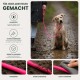 Pink verstellbare Hundeleine mit Metallring und schwarzen Verbindern, aufgerollt vor weißem Hintergrund.