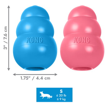 Zwei kleine KONG-Hundespielzeuge (blau und pink) mit eingeprägtem "KONG", gezeigt mit Maßen und Größenangabe 'S ≤ 20 lb ≤ 9 kg'.
