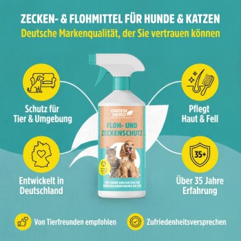 Eine "GREEN HERO" Floh- und Zeckensprayflasche neben einem Schwamm, mit einer Notiz, die die Verwendung des Schwamms für empfindliche Tiere vorschlägt.