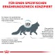 Silhouette einer Katze mit deutschem Text zu den Ernährungsbedürfnissen für empfindliche Haut und kastrierte Katzen, die Hautprobleme, Gewichtszunahme und Harnkristalle anspricht.