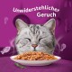 Eine zufriedene Katze mit geschlossenen Augen genießt einen Teller mit Futter, mit dem Text 'Unwiderstehlicher Geruch' darüber, vor einem lila Hintergrund.