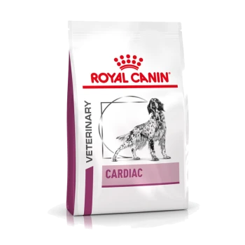 Royal Canin Veterinary Cardiac Hundefutterbeutel mit einer schwarz-weißen Illustration eines Hundes, mit den Etiketten "VETERINARY" und "CARDIAC".