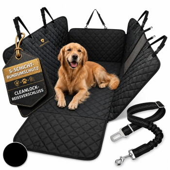 Golden Retriever auf schwarzer, gesteppter Autositzauflage mit Leine; Etikett: '5-SCHICHT-RUNDUMSCHUTZ, CLEANLOCK-REISSVERSCHLUSS'.