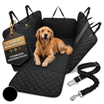 Golden Retriever auf schwarzer, gesteppter Autositzauflage mit Leine; Etikett: '5-SCHICHT-RUNDUMSCHUTZ, CLEANLOCK-REISSVERSCHLUSS'.