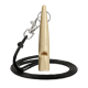 Beige ACME-Hundepfeife mit schwarzem Schlüsselband und Metallclip, hergestellt in England, isoliert auf weißem Hintergrund.