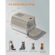 Beige, geschlossene Katzentoilette mit Maßen, einer oberen Luke und Matte; sichtbarer deutscher Text 'Für Katzen bis zu 15 kg' und vier Katzenbilder.