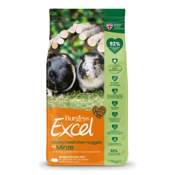 Burgess Excel Meerschweinchen-Nuggets 1,75 kg mit Bild von zwei Meerschweinchen und sichtbarem 92%-Abzeichen.