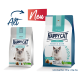 Zwei Tüten Happy Cat Katzenfutter, eine mit der Bezeichnung "Sensitive" für Katzen ab 1 Jahr und die andere "Care" für Magen & Darm, mit einem Katzenbild.