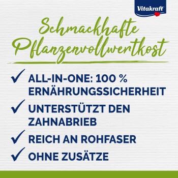 Vitakraft-Werbung für "Schmackhafte Pflanzenvollwertkost" mit den Vorteilen: 100% Ernährungssicherheit, Zahnpflege, hoher Ballaststoffgehalt, keine Zusatzstoffe.