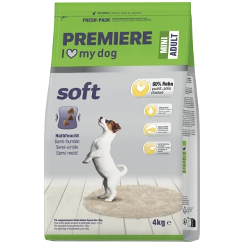 Sac de croquettes PREMIERE « I ♥ my dog » Mini Adult poulet, Jack Russell sur un tapis, 60 % poulet (Huhn), 4 kg