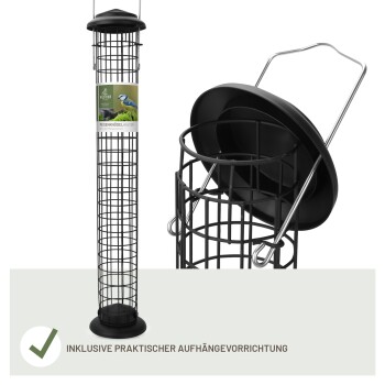 Schwarzer Drahtvogelhäuschen mit abnehmbarem Deckel, mit einem Etikett, das ein Bild eines blauen Vogels und den Text 'INKLUSIVE PRAKTISCHER AUFHÄNGEVORRICHTUNG' zeigt.