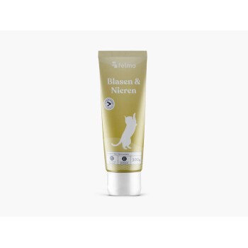 Goldene Tube mit Aufschrift Felmo 'Blasen & Nieren', weiße Katzensilhouette, 100 g.