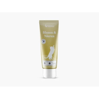 Goldene Tube mit Aufschrift Felmo 'Blasen & Nieren', weiße Katzensilhouette, 100 g.