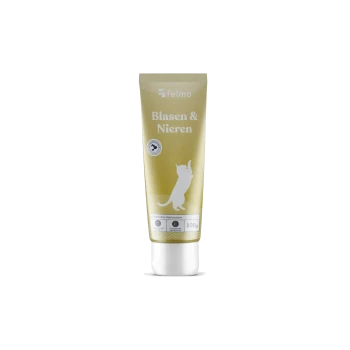 Goldene Tube mit Aufschrift Felmo 'Blasen & Nieren', weiße Katzensilhouette, 100 g.