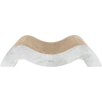 Ein stilvoller Kratzbaum für Katzen mit einem wellenförmigen Design, mit einer beigen Kratzfläche und einem weißen steinähnlichen Sockel, beschriftet mit 'TRIXIE.'