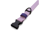Hellviolettes Haustierhalsband mit schwarzer Schnellverschlussschnalle, violetter Verstellschlaufe und schwarzem D‑Ring vor weißem Hintergrund.