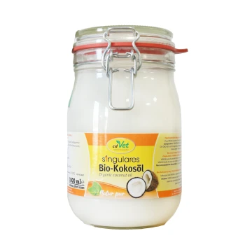 Ein Glas mit biologischem Kokosöl, das mit "cdVet s'Ingulares Bio-Kokosöl" beschriftet ist, zeigt den Inhalt, eine Kokosnussgrafik und Nährwertinformationen.