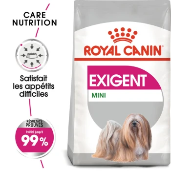 Sac de nourriture pour chien Royal Canin Exigent Mini avec une illustration de petit chien et le texte : "Satisfait les appétits difficiles" et "Préféré jusqu'à 99%".