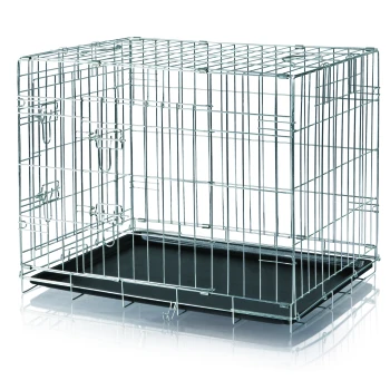 Cage de transport Home M-L Cage pour chien en métal avec un plateau en plastique amovible, présentant un cadre en fil et des verrous sécurisés, idéale pour l'entraînement et la sécurité des animaux.