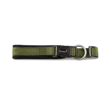 Olivgrünes, gepolstertes Nylon-Hundehalsband mit schwarzer Kunststoff-Schnalle, Metall-D-Ring und 'WOLTERS'-Label.