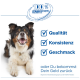 Lächelnder dreifarbiger Hund; deutscher Text: '100% Zufriedenheits‑Garantie' und Häkchen: Qualität, Konsistenz, Geschmack.