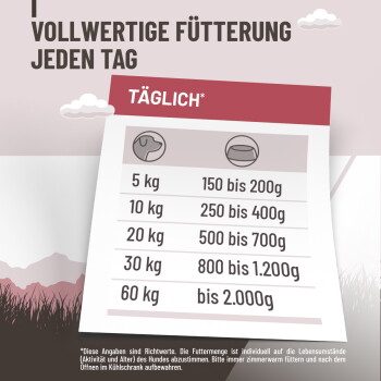 Brauner und weißer Hund sitzt und schaut nach oben neben deutschem Text über reines Muskelfleisch für sensible Hunde.