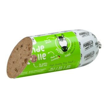 Hochwertiger Hundewurst mit der Aufschrift "Pferd" in grün-weißer Gestaltung, mit einer Kuhgrafik und Text in deutscher Sprache.